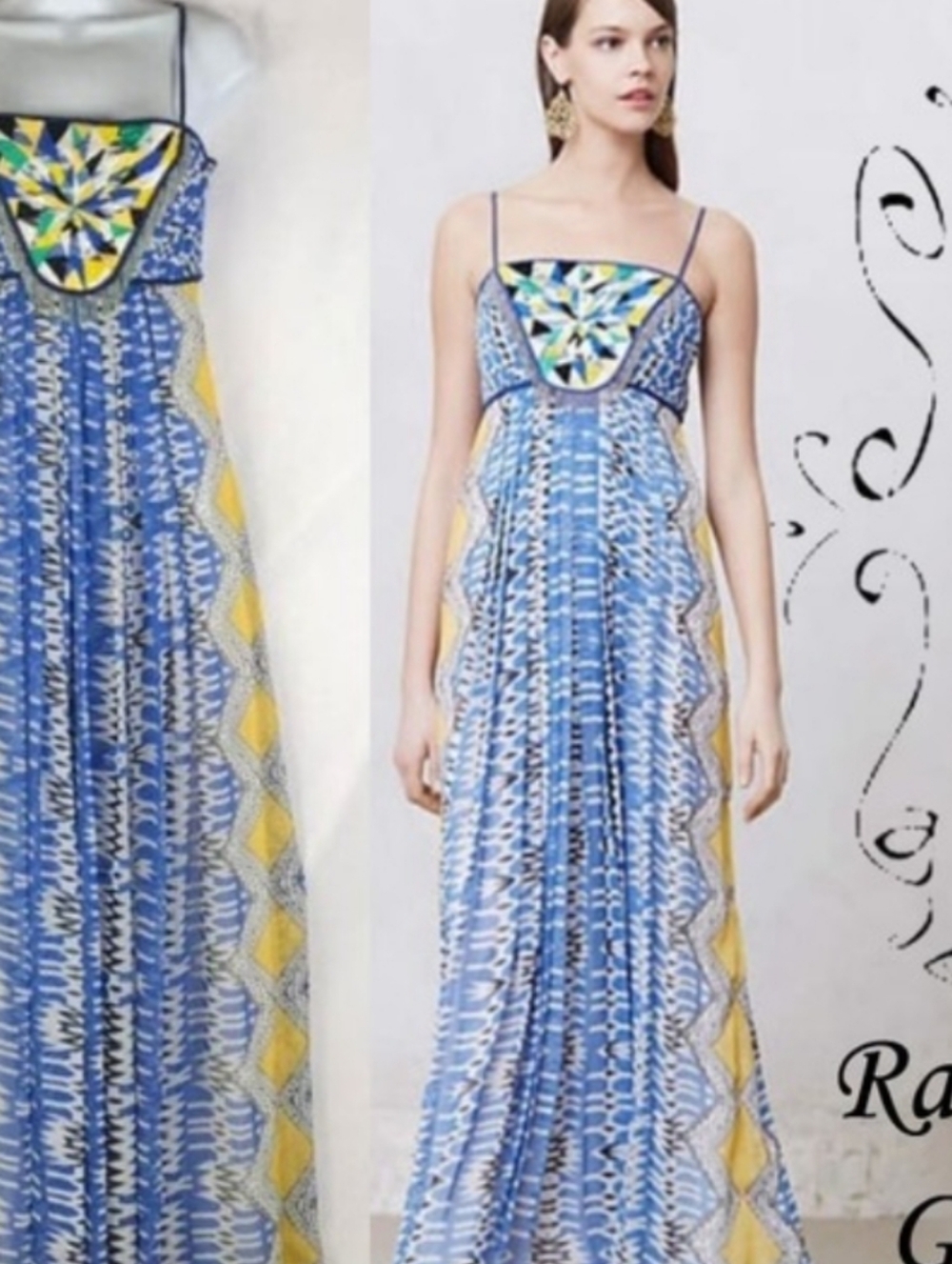 Ranna Gill Blue & Yellow Beaded Sunburst Maxi Dress Size XS